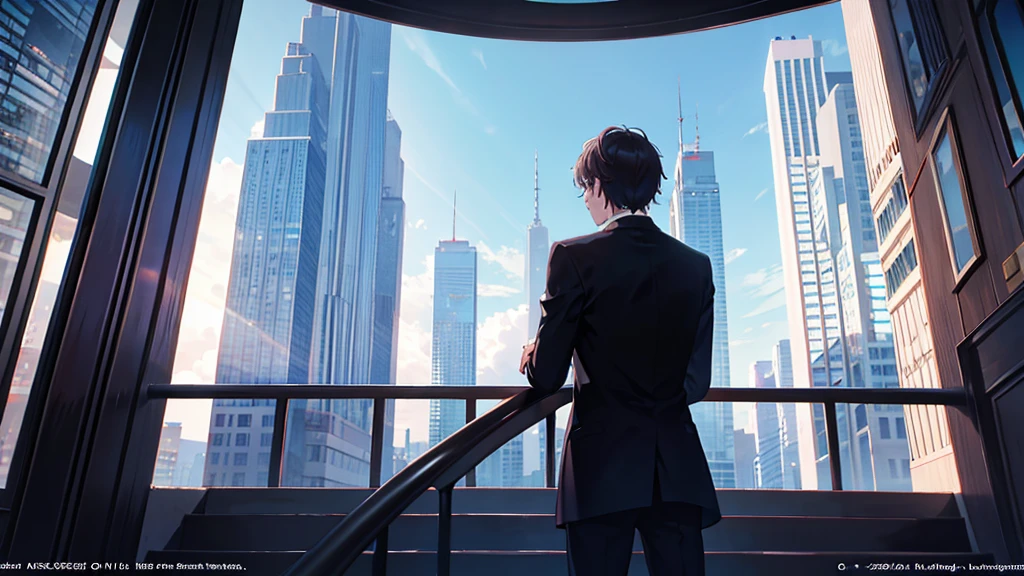 8K , best quality:2 , masterpiece , BREAK , official art , BREAK , back view ,(20 years old) , a man , from directly below , BREAK , Volumetric lighting , countless Skyscraper:1.5 , sky