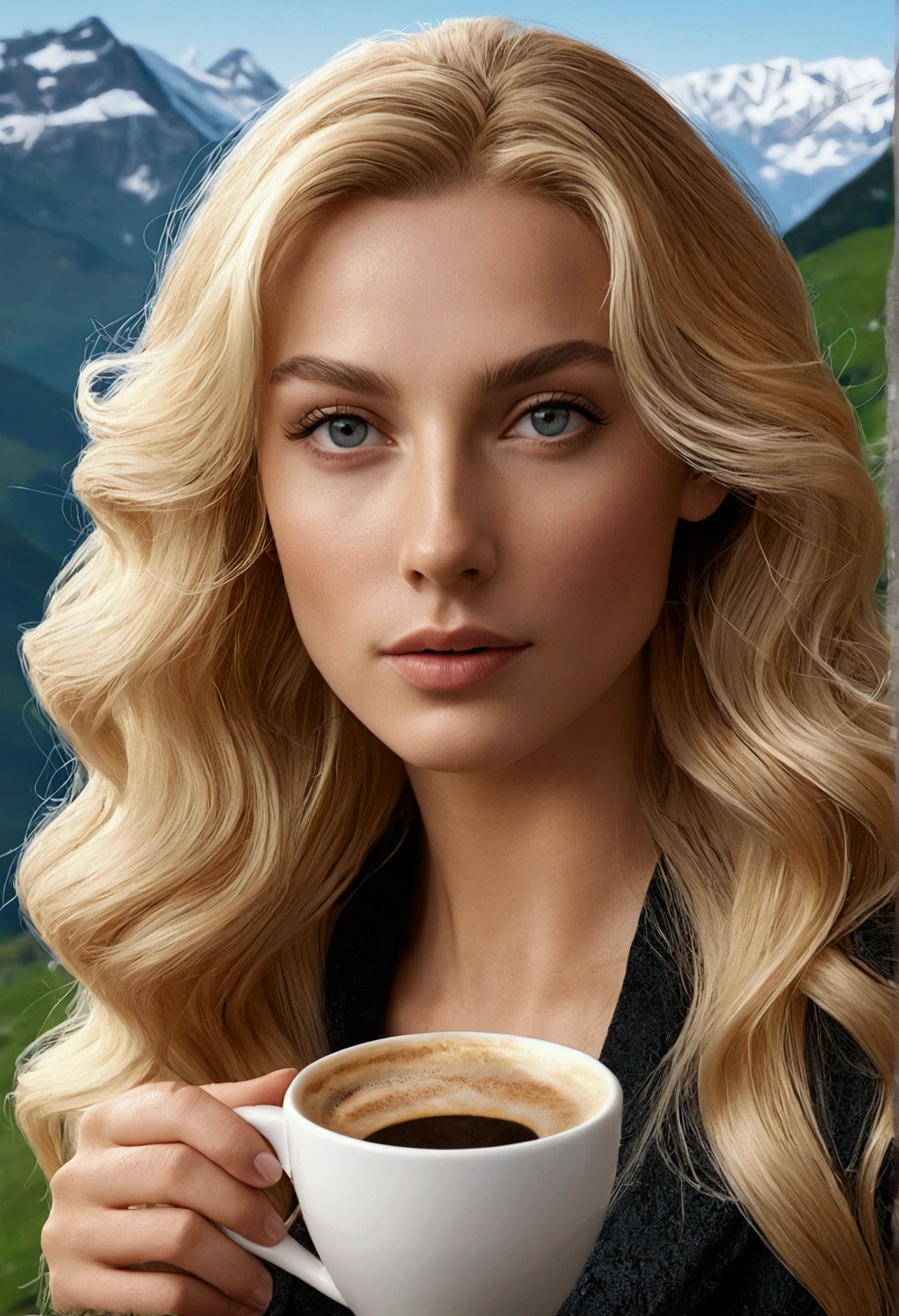 ((Tir lointain)) blonde influencer with long, naturally wavy hair, yeux verts, sexually, large , have a coffee in the mountains, look élégant et moderne, relaxant, tranquil, extravagant , 8k, extremely detailed, Photorealistic, Complicated details, texture de peau réaliste, realistic hair, texture, blissful, 8K  UHD, best quality, high resolution, Attention aux détails, très large , Tir lointain, large angle