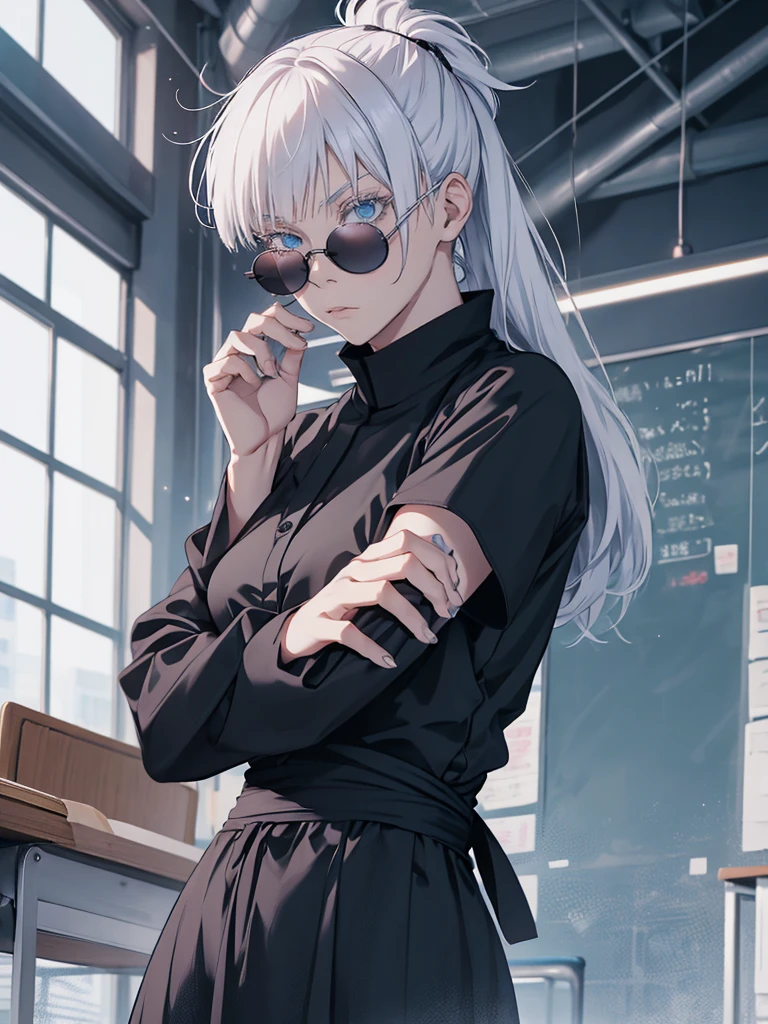 Woman, famale version, female, jujutsu kaisen, solo, alone, white hair, bangs, long hair, white eyebrows, white eyelashes, light blue eyes, wearing round sunglasses, wearing black shirt, black sleeves, black clothing, in classroom, school, high quality, 4k resolution, anime