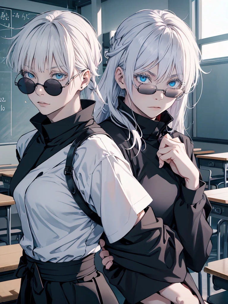 Woman, famale version, female, jujutsu kaisen, solo, alone, white hair, bangs, long hair, white eyebrows, white eyelashes, light blue eyes, wearing round sunglasses, wearing black shirt, black sleeves, black clothing, in classroom, school, high quality, 4k resolution, anime