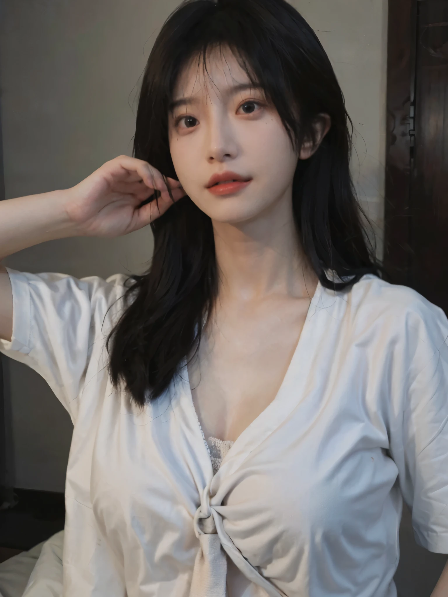 Best quality,masterpiece,ultra high res,(photorealistic:1.4),1girl,sexy,(shirt and tie:1.2),(bra:1.2),(large breast:1.3),(upper body:1.4)
