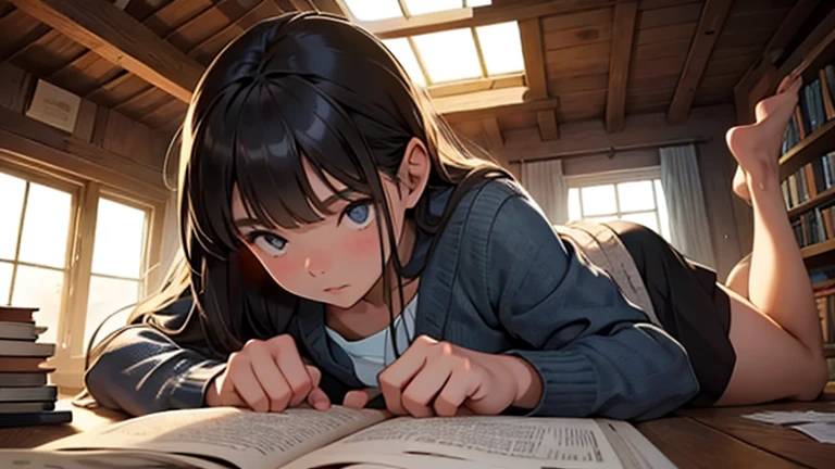 The same girl used in the previous images lying on the attic floor under the book reading, super fascinated by what she was seeing