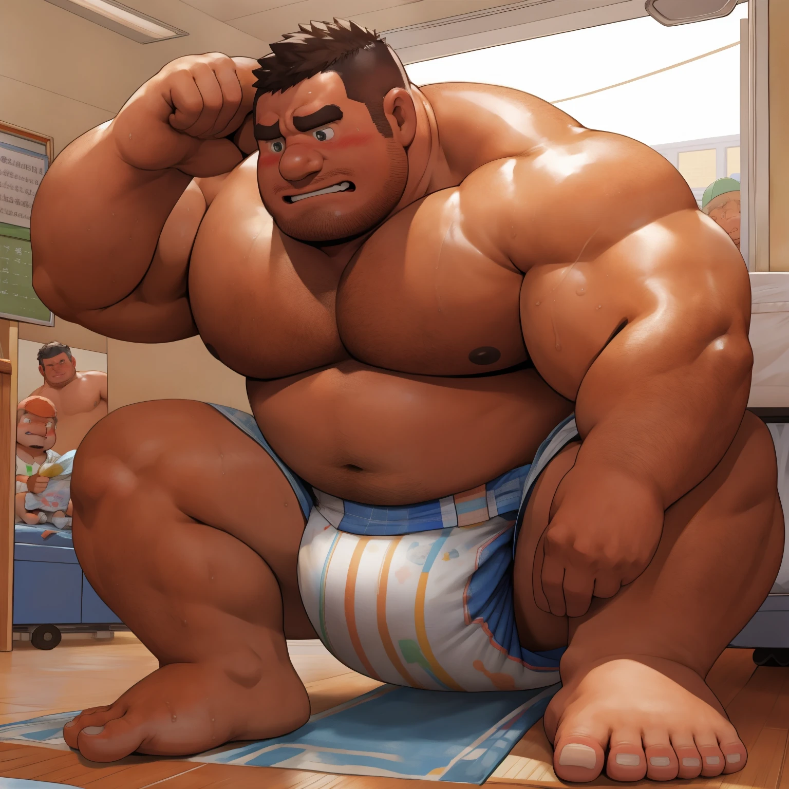 masterpiece, Top quality, in 32K, perfect anatomy, hyper detailed, super fine illustration, The thick man is a brutal retarded prisoner, hairy human, 50yo in Japan, (fatness: 1.0), Fatty muscle, Bowleg, disappointment, incontinent, shy, sissy, Weaker than children, Drool, Round face, be diaper check by children, waddle, There is a small puddle under him, incontinent, Bowleg, spread legs, wear a White cloth Diaper, Bare belly, Bare legs, Bare foots, Bare soles, Shirtless, wide forehead and short thinning hair, Man with round face with stubble, Bare foots, Bare soles, He enters nursery school and is despised by children, He surrounded by children, His bottom is wet, Bare foots, big butt, he is scolded by the children, White Diaper, He surrounded by children, sobbing, wear a White cloth Diaper, shirtless, There is a small puddle under him, He enters nursery school and is despised by children, big butt, sobbing, He crawling to go to children, on all fours, side view