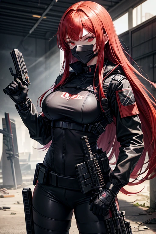 A redhead girl, red eyes, busty, firm thighs, beautiful body, Long hair, black combat suit, Black mask,2 katanas sheathed on his back and an assault rifle in his hands, He carries a short gun with magazines and two knives, exploring an abandoned warehouse.