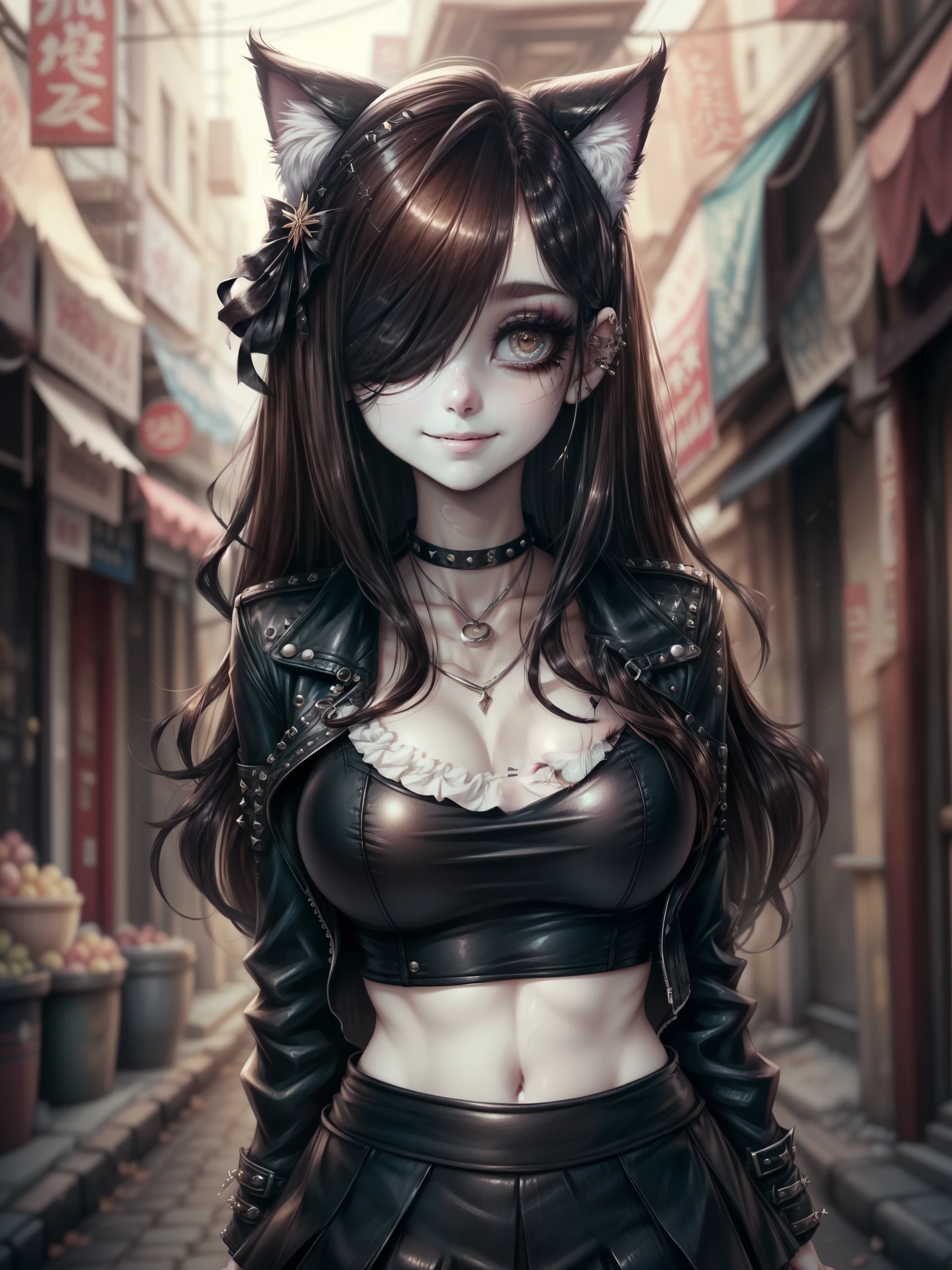 very young slim fit girl, at full height, (rounded face:1.2), very long disheveled dark brown hair, (big brown eyes:1.2), shy smile, perfect flat breast, band on head with fake cat ears, parororo, eyelashes, ariawm, accurate snub nose, (very long strand of hair between eyes:1.3), wearing a studded leather jacket and tulle skirt, with dramatic makeup, summer street, old city, hair over one eye