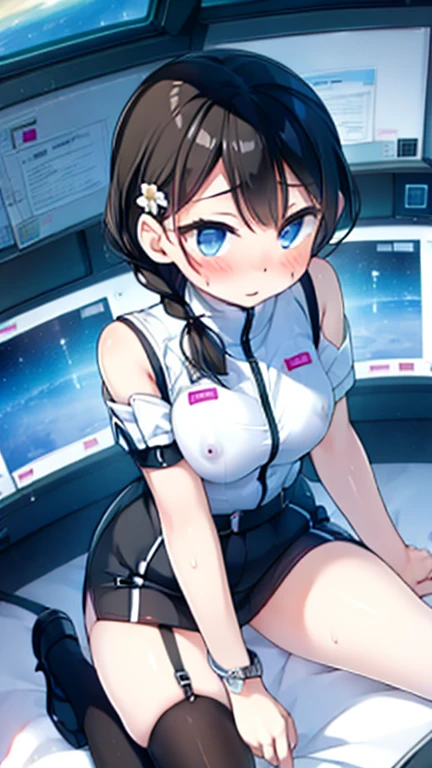 (Highest quality), (masterpiece), 1080P, High resolution, 4K, 8k, Inside the space station、Futuristic room、Thigh straps, Shooting from directly below, The woman on top of me, Nipples, 白いSweat, Covered , Sweat, Woman looking down, Skirt swimsuit, Thigh-high socks, To achieve this, s old, , whole body, Black leather shoes, Braided hair, Inner Color, Embarrassed face, Short black hair, bracelet, Bedroom,celestial body_Vest