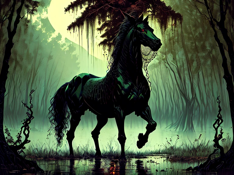 An eerie and sinister painting by Stefan Koidi of a stinky boggy swamp at midnight. A chorus of croaking bullfrogs and chirping insects travel loudly through the thick, hot and humid air as a full moon hangs low bathing the portentous scene in an ominous and haunting glow. Standing next to the waters edge is a large, malevolent black Kelpie horse; a trecheous water spirit creature from Scottish Celtic folklore. With its body faced forward, toward the water-it's head is turned slightly to its left, facing the viewer and glarring with an intense, piercing gaze from its vivid, glowing red eyes that instill feelings of unsurmountable terror and dread to all who meet the beasts' gaze. The horse Kelpie's flesh is rife with spots of sickening necrosis- large chunks of rotton flesh falling off and revealing leg bones, the ribcage, and a partially skeletal jawline. Twisted vines snake their way up crooked gnarled trees adorned with spanish moss and luminescent fungi clings to trunks of saturated trees, casting a baleful, sickly green glow upon the otherworldly place emphasizing the detailed horror elements, enhancing the haunting ambiance, creating a chilling scene.