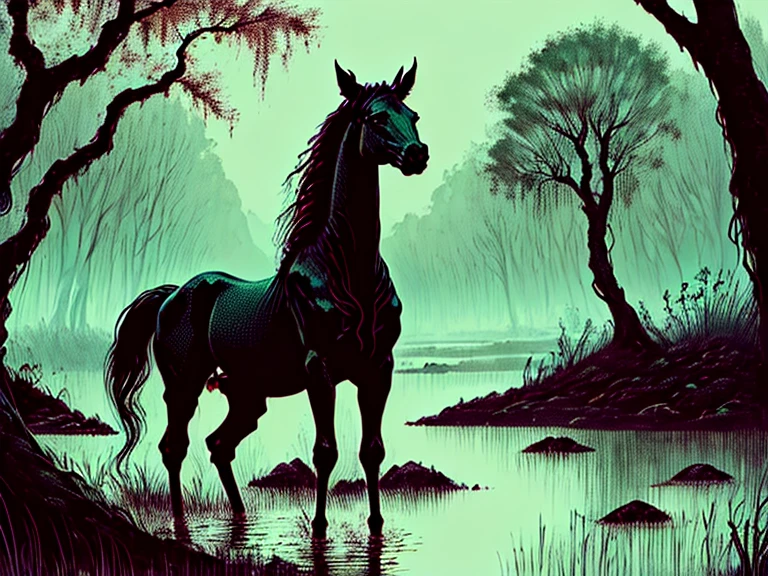 An eerie and sinister painting by Stefan Koidi of a stinky boggy swamp at midnight. A chorus of croaking bullfrogs and chirping insects travel loudly through the thick, hot and humid air as a full moon hangs low bathing the portentous scene in an ominous and haunting glow. Standing next to the waters edge is a large, malevolent black Kelpie horse; a trecheous water spirit creature from Scottish Celtic folklore. With its body faced forward, toward the water-it's head is turned slightly to its left, facing the viewer and glarring with an intense, piercing gaze from its vivid, glowing red eyes that instill feelings of unsurmountable terror and dread to all who meet the beasts' gaze. The horse Kelpie's flesh is rife with spots of sickening necrosis- large chunks of rotton flesh falling off and revealing leg bones, the ribcage, and a partially skeletal jawline. Twisted vines snake their way up crooked gnarled trees adorned with spanish moss and luminescent fungi clings to trunks of saturated trees, casting a baleful, sickly green glow upon the otherworldly place emphasizing the detailed horror elements, enhancing the haunting ambiance, creating a chilling scene.