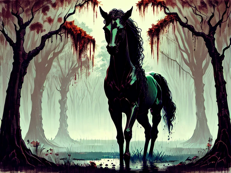 An eerie and sinister painting by Stefan Koidi of a stinky boggy swamp at midnight. A chorus of croaking bullfrogs and chirping insects travel loudly through the thick, hot and humid air as a full moon hangs low bathing the portentous scene in an ominous and haunting glow. Standing next to the waters edge is a large, malevolent black Kelpie horse; a trecheous water spirit creature from Scottish Celtic folklore. With its body faced forward, toward the water-it's head is turned slightly to its left, facing the viewer and glarring with an intense, piercing gaze from its vivid, glowing red eyes that instill feelings of unsurmountable terror and dread to all who meet the beasts' gaze. The horse Kelpie's flesh is rife with spots of sickening necrosis- large chunks of rotton flesh falling off and revealing leg bones, the ribcage, and a partially skeletal jawline. Twisted vines snake their way up crooked gnarled trees adorned with spanish moss and luminescent fungi clings to trunks of saturated trees, casting a baleful, sickly green glow upon the otherworldly place emphasizing the detailed horror elements, enhancing the haunting ambiance, creating a chilling scene.