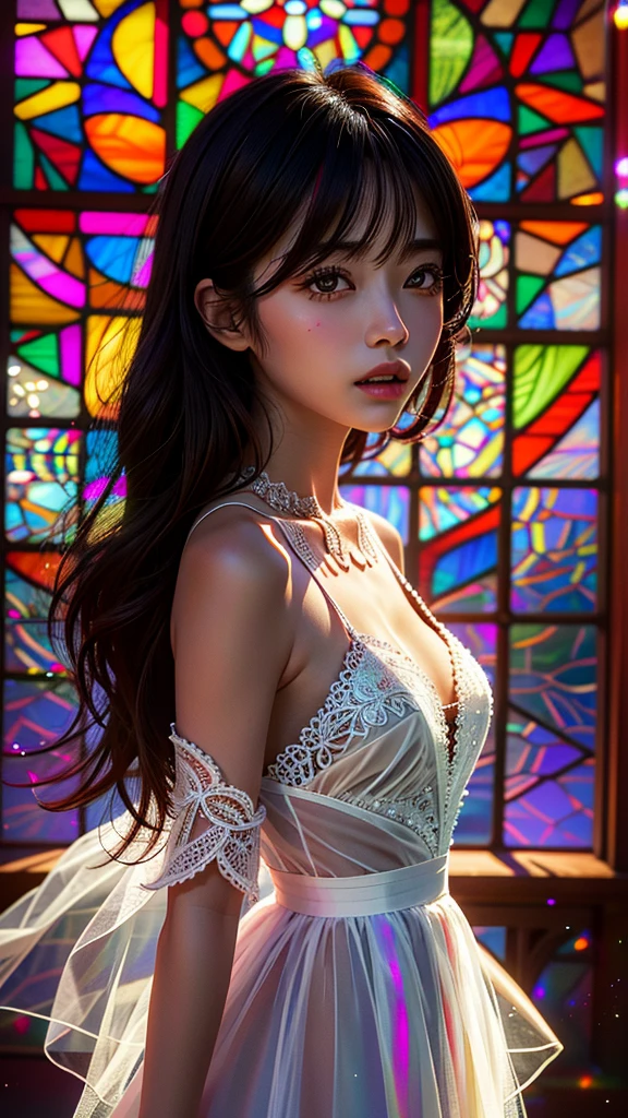 software, Concept Art, , (A white dress made of delicate lace with attention to detail), (Nipples:-0.9), Face close-up, (Intricate stained glass background:1.37), (((Renbutsu Misako), Colorful light shining through delicate stained glass:1.2, Bright red, Luminous Particles, Particles of light))(Accutance:0.8). (Professional Photo:1.2),(Very detailed:1.37), (Very detailedKAWAII顔のバリエーション, Variations of innocent facial expressions), Rosy Cheeks, Exquisite eyes with shimmering highlights, Long and voluminous eyelashes, Slight redness in the face. Mysterious sight, mist, Clear, flawless, radiant pearly skin, Captivating Gaze, ((Dynamic Angle)), Body proportions and limbs are anatomically correct .