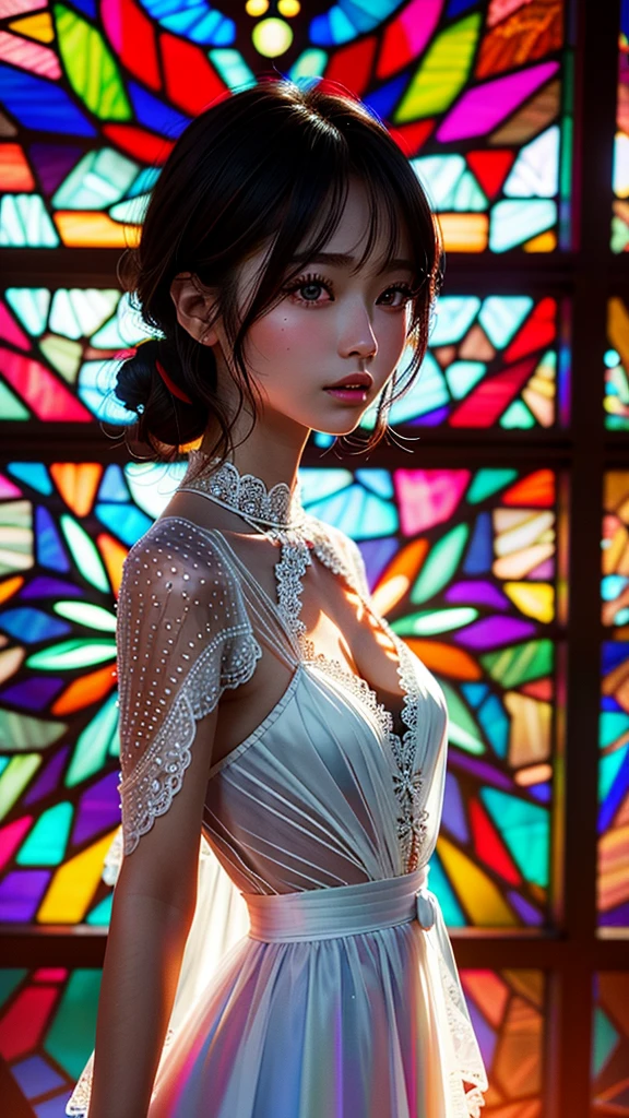 software, Concept Art, Little Junior Idol, (A white dress made of delicate lace with attention to detail), (Nipples:-0.9), Face close-up, (Intricate stained glass background:1.37), (((Renbutsu Misako), Colorful light shining through delicate stained glass:1.2, Bright red, Luminous Particles, Particles of light))(Accutance:0.8). (Professional Photo:1.2),(Very detailed:1.37), (Very detailedKAWAII顔のバリエーション, Variations of innocent facial expressions), Rosy Cheeks, Exquisite eyes with shimmering highlights, Long and voluminous eyelashes, Slight redness in the face. Mysterious sight, mist, Clear, flawless, radiant pearly skin, Captivating Gaze, ((Dynamic Angle)), Body proportions and limbs are anatomically correct .