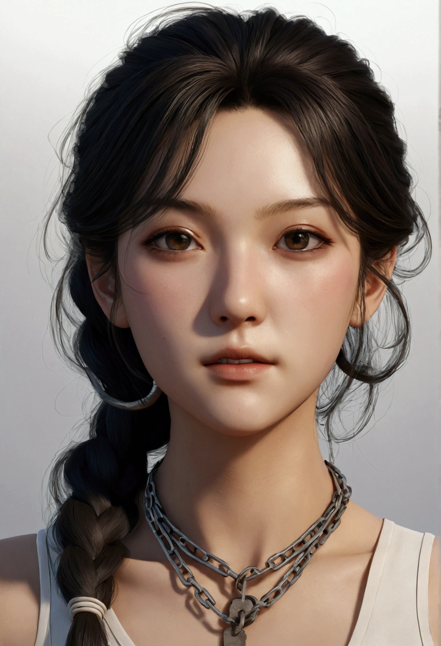 masterpiece,ultra-detailed,best quality, absurderes:2.0,realistic, Unity 8K Wallpaper, Realistic face, Realistic skin feeling ,detailed hair, highly detailed, realistic glistening skin, Perfect face, charming face, 

from front,close-up,(upper body:1.2),

1girl, solo, Kuramochi Meruto, sleeveless shirt, side ponytail, off shoulder, bare shoulders,

blush,(sweat:1.2),(gleaming skin:1.3), 
(embarrassed:1.4),steam,breath,shackles,(chained arms:1.3), 
