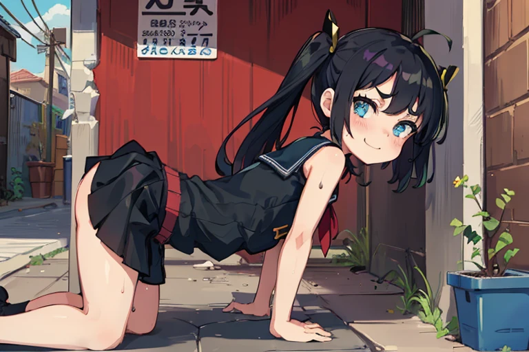 Young girl with black hair, long twintail, twintail hairstyle, (blue eyes), ((small bushy eyebrows)), wearing gothic ta clothing, loli, to school, bored eyes, bored face (Zankuro) drawing style by zankuro artist, Zancrow style, image uploaded in R34, walking to school, flirty smile , suddenly having sex in public, prone bone sex((doggy style sex)), ((public sex )) naked ass in the male crotch, old man , ((being raped by a decrepit old man in a dirty alley,