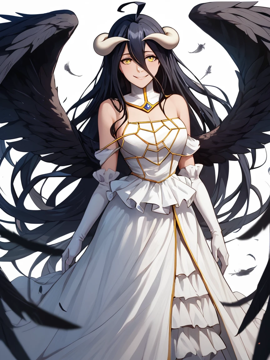 score_9,score_8_up,score_7_up,score_6_up, 1girl, albedo (overlord), solo, long hair, horns, gloves, wings, yellow eyes, black hair, dress, black wings, white gloves, hip vent, hair between eyes, white dress, ahoge, feathered wings, very long hair, looking at viewer, simple background, white background, demon girl, smile, demon horns, bare shoulders, full body, low wings, elbow gloves, feathers, detached collar