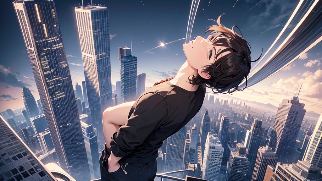 8K , best quality:2 , masterpiece:2 , BREAK , official art , BREAK , back view ,(looking up:1.5) , (20 years old) ,a man , BREAK , countless Skyscraper:1.8 , sky, city , BREAK, Volumetric lighting