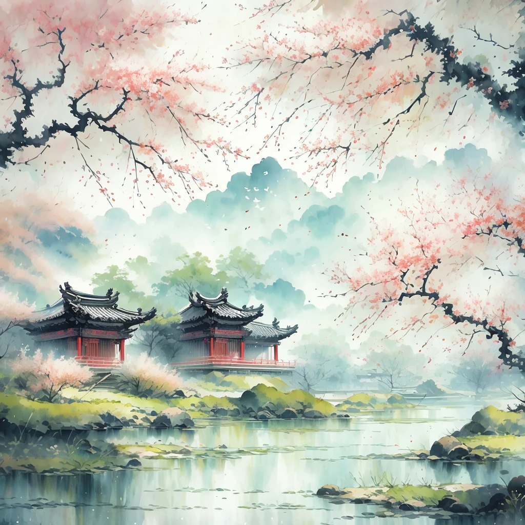 Ancient style illustration Chinese watercolor landscape painting watercolor river peach blossom spring Chinese landscape bare tree branch day flower leaf no human outdoors overgrown plant landscape tree grape vine water, masterpiece, recent quality, best details, beauty