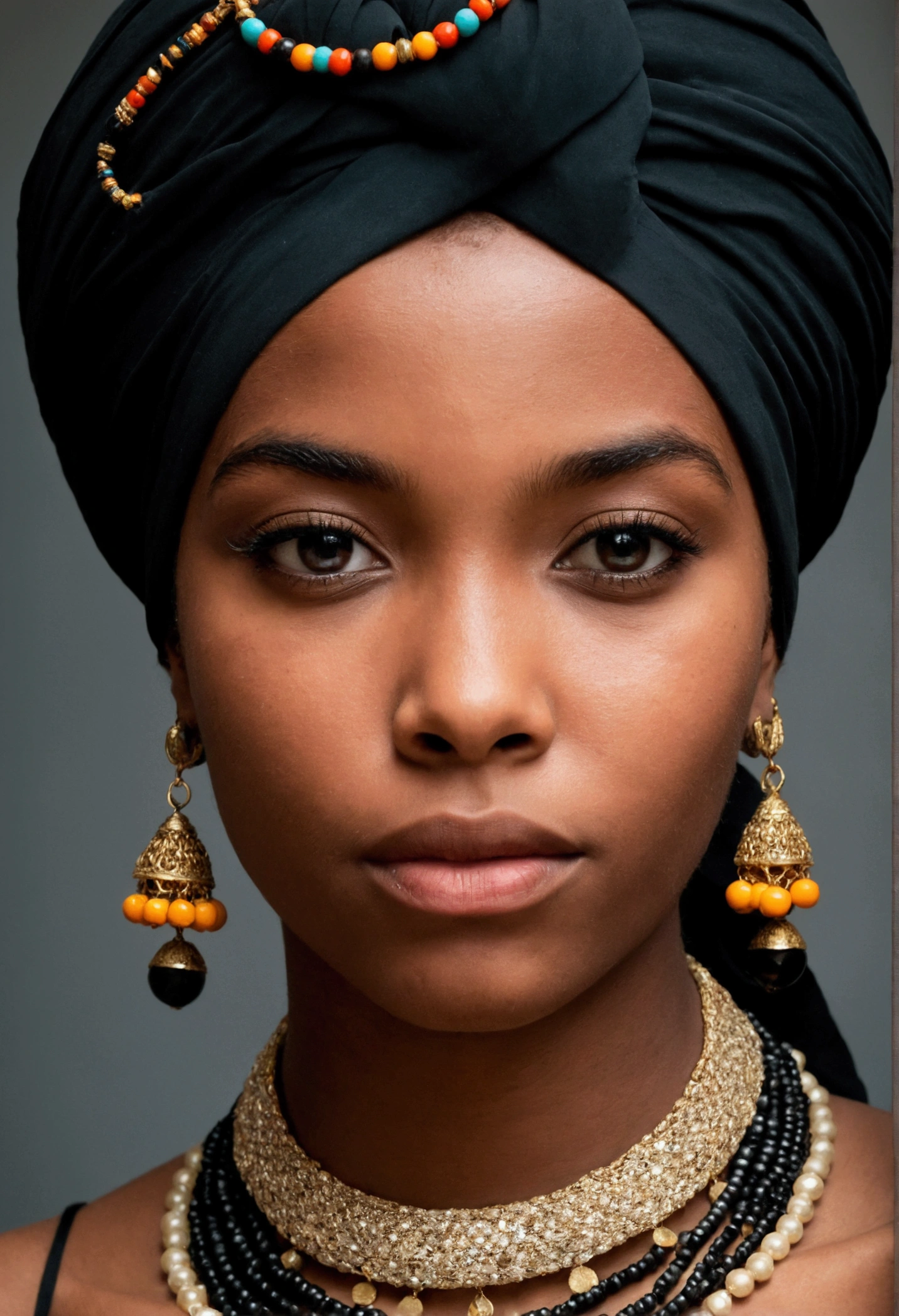 Portrait d'une jeune femme noire de l'ethnie Mélanésiens , look dramatique, avec colliers et turban coloré sur la tête, hyper détaillé, détails, Hyper-résolution, levre pulpeuse