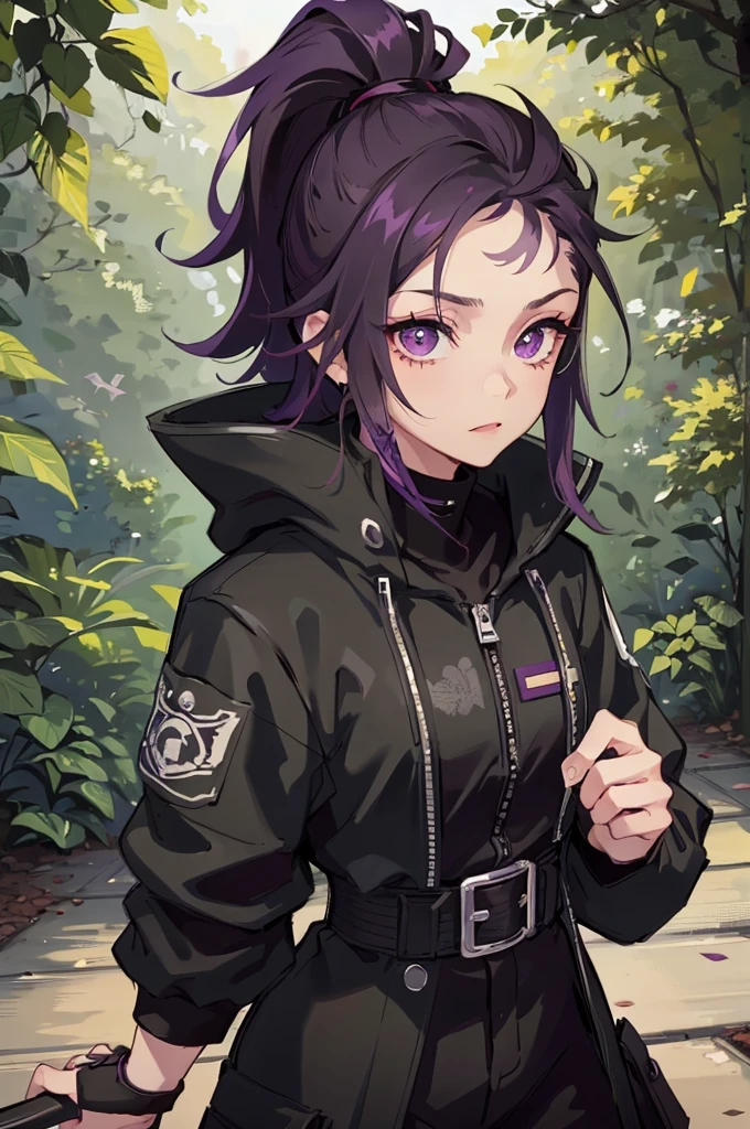 1man, solo, black cargo Pants, black combat boots, black hoodie, Half black Half purple hair, ponytail hair, one purple eye, one Golden eye, looking at viewer, tattoos all over the body, forest background