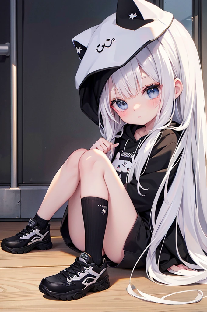 She has long, bright silver hair.、As lovely as an angel、Beautiful moist eyes、Black Cat Hoodie、White cat T-shirt、Black shorts、Black knee socks、Black cat sneakers、Living in an urban area、Indifferent expression、Draw the whole body、high resolution、Masterpiece