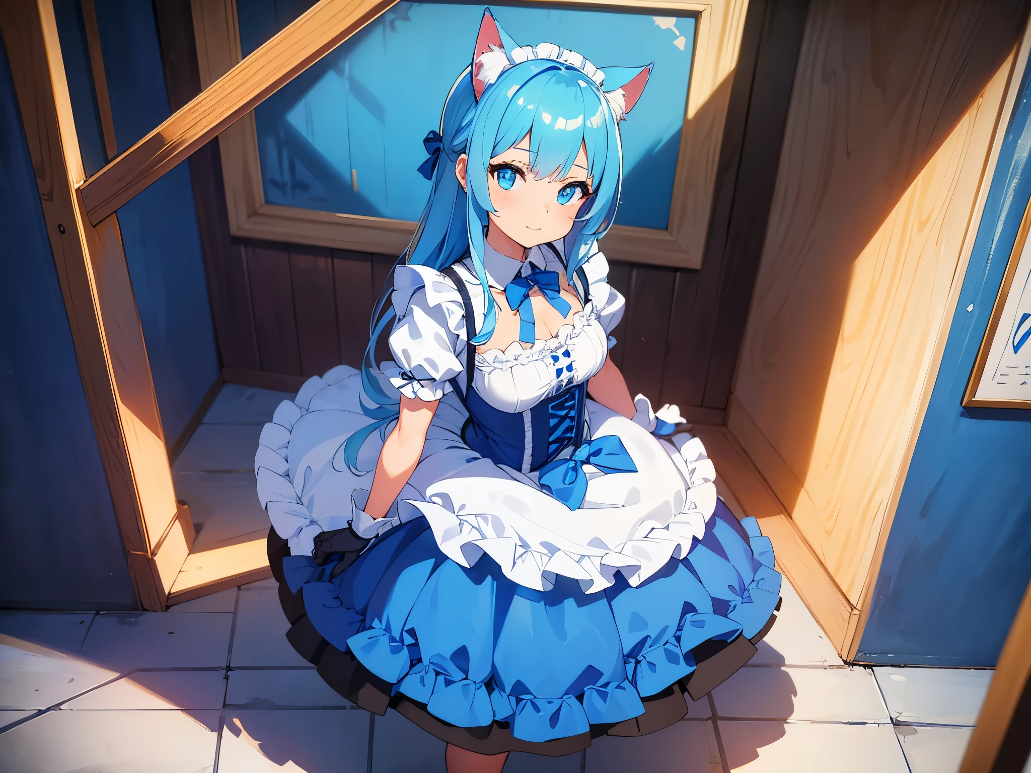 adorable girl in a blue and white cat-themed maid outfit, with cat ears, a tail, and paw gloves, posing with a playful expression, standing in front of a vintage cafe, full-body portrait with her head fully visible within the frame, cinematic composition, trending on ArtStation