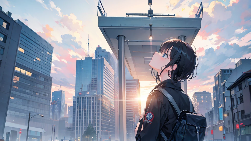8K , best quality:2 , masterpiece:2 , BREAK , official art , BREAK , back view ,(looking up:1.5) , (20 years old) ,a man , BREAK , countless Skyscraper:1.8 , sky, city , BREAK, Volumetric lighting
