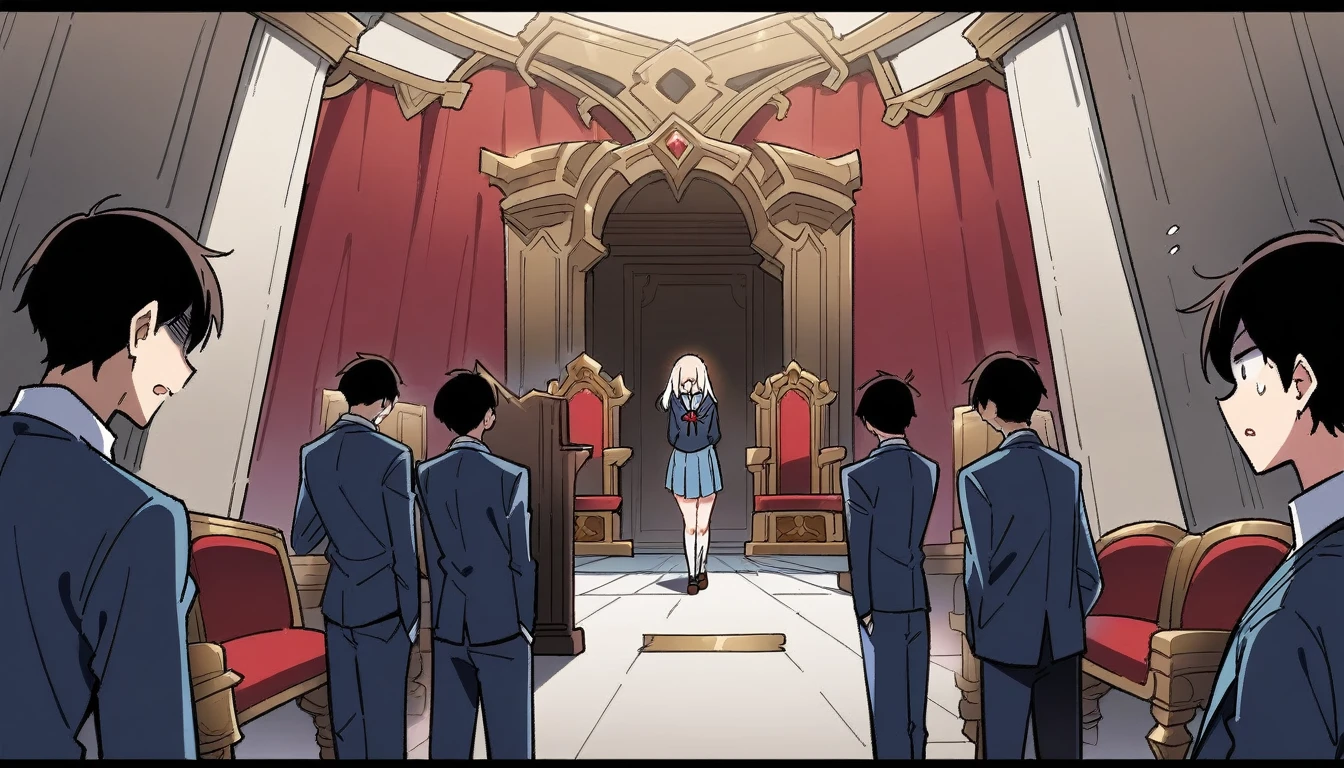 masterpiece, best quality, high school students, anxious, (school uniform:1.4), discussion, 1 king, throne room,