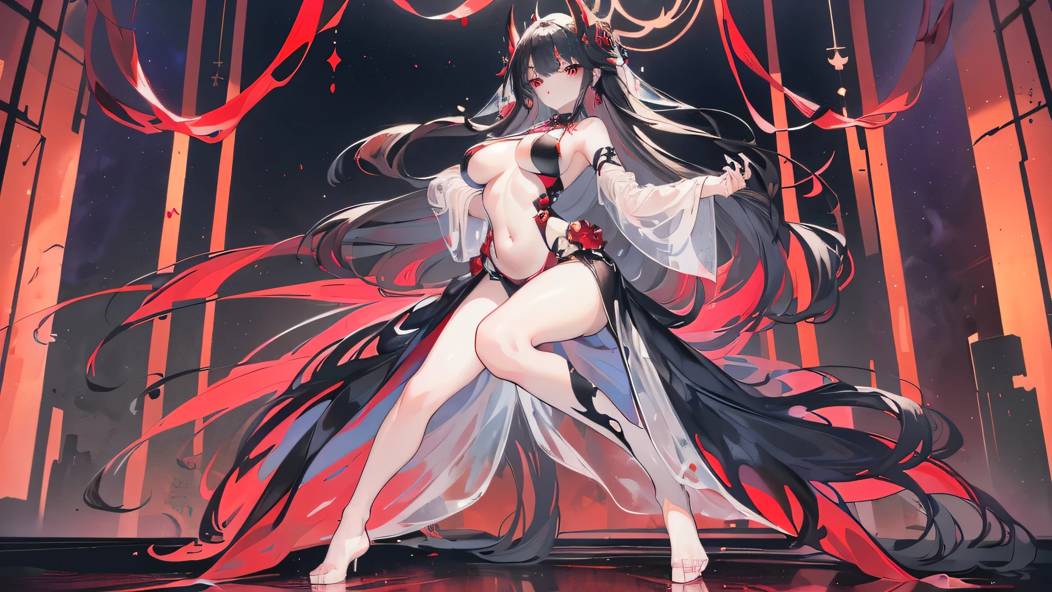 Exquisite eyes),(Clear and beautiful eyes:1.61),masterpiece, ung girl,(Black clothes and some red gems), Black long hair, (She has a huge red gem on her chest), Good Hand,((The Havoc of StarCraft)),full-body shot,Fighting Stance,(Red Eyes:1.466),short and small,(Very big breasts:1.35),(Pretty Face),(full-body shot:1.33),Beautiful hands