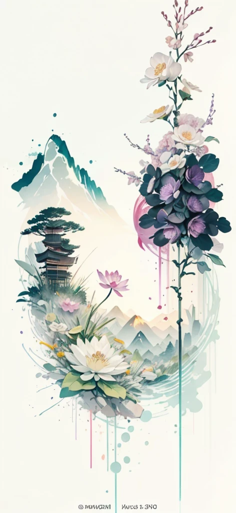 (Art by Numbers,Inks and washes:1.2)，Nobody, Mountain々, wood, Rivers，Flowers，Lotus flower，Purple Flower,沢Mountainの花(Oriental elements, Chinese colors, Senior Color Matching),  (3D sculpture，Rendering with Octane，Volumetric Light，Natural soft light，), (Very delicate:1.2, Losing focus:1.2, Very colorful, Cinema Lighting, Chiaroscuro,Ray Tracing), masterpiece, Super rich,Very detailed,8k, Zurrison_style_wonderful_wall