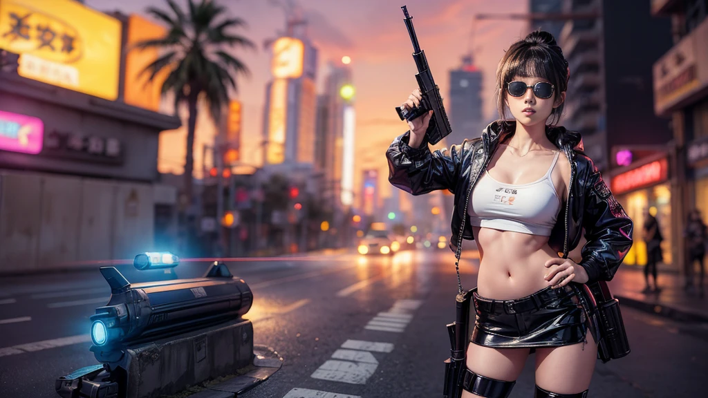 8k, Realistic Skin Texture, Realistic Photo, Neo Tokyo, slim women, large-breast:1.3 cleavage:1.2, AD2050 at night, Dirty hunting jacket, Wearing tube top, miniskirt, (((black sunglasses, automatic rifle, sneakers, cold, shooting pose, very low angle view))), Innovative composition, revenge, cyberpunk, blade runner worldview, Large neon sign, Geisha hologram sign, Strong Wakamoto Sign.
