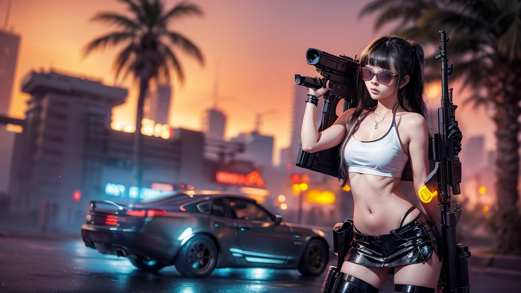 8k, Realistic Skin Texture, Realistic Photo, Neo Tokyo, slim women, large-breast:1.3 cleavage:1.2, AD2050 at night, Dirty hunting jacket, Wearing tube top, miniskirt, (((black sunglasses, automatic rifle, sneakers, cold, shooting pose, very low angle view))), Innovative composition, revenge, cyberpunk, blade runner worldview, Large neon sign, Geisha hologram sign, Strong Wakamoto Sign.