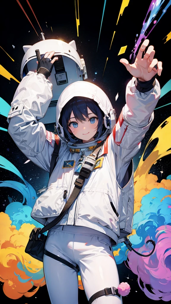 An astronaut drawing a Smile in space with a spray can. Very colorful image and black background