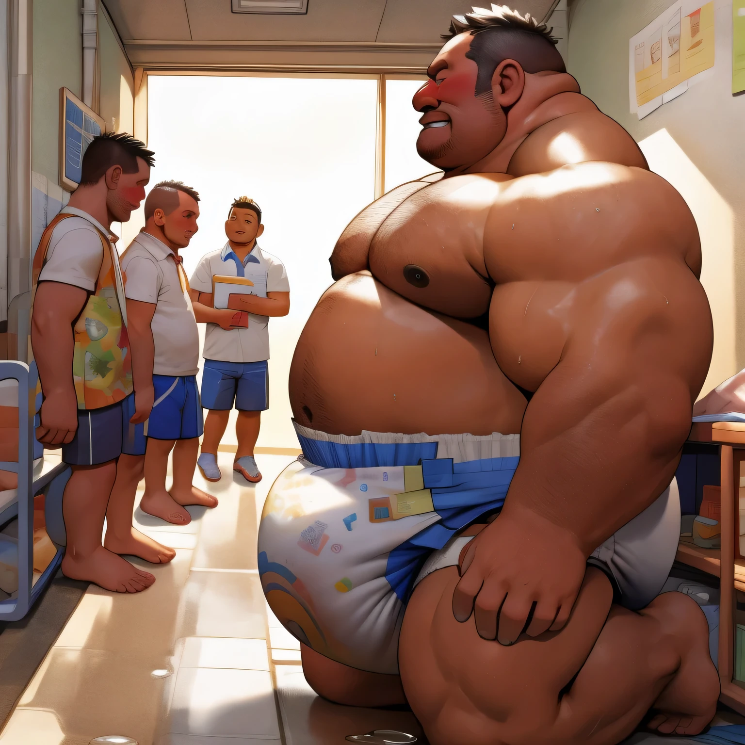 masterpiece, Top quality, in 32K, perfect anatomy, hyper detailed, super fine illustration, The thick man is a brutal retarded prisoner, hairy human, 50yo in Japan, (fatness: 1.0), Fatty muscle, Bowleg, disappointment, incontinent, shy, sissy, Weaker than children, Drool, Round face, be diaper check by children, waddle, There is a small puddle under him, incontinent, Bowleg, spread legs, wear a White cloth Diaper, Bare belly, Bare legs, Bare foots, Bare soles, Shirtless, wide forehead and short thinning hair, Man with round face with stubble, Bare foots, Bare soles, He enters nursery school and is despised by children, He surrounded by children, His bottom is wet, Bare foots, big butt, he is scolded by the children, White Diaper, He surrounded by children, sobbing, wear a White cloth Diaper, shirtless, There is a small puddle under him, He enters nursery school and is despised by children, big butt, sobbing, He crawling to go to children, on all fours, side view