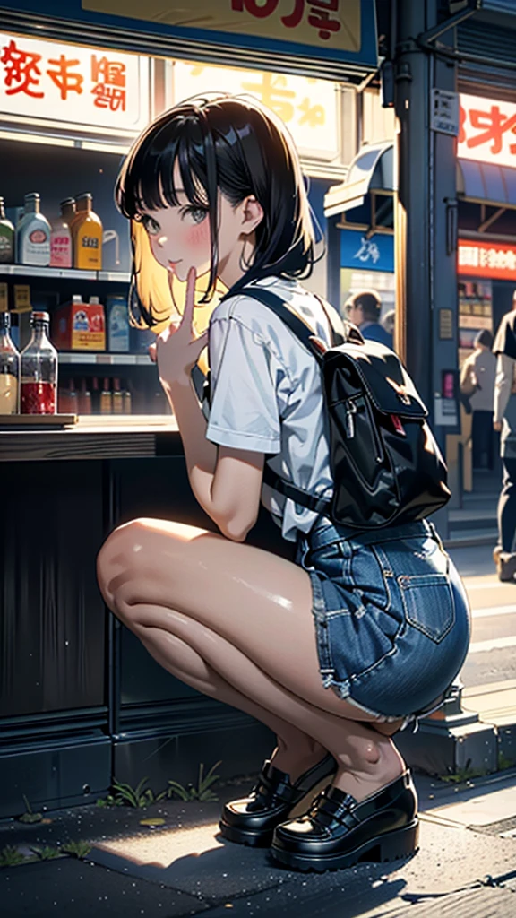 (8k, RAW Photos, 最high quality, masterpiece:1.2), high qualityのRAWカラー写真, Professional photo shoot, Cinematic Light, alone, (((young woman, Gal))), (Sharp features), (Small face), (Skin with attention to detail:1.2), clavicle, Cute Face, Beautiful appearance, Long eyelashes,Girl Turning Around, smile, (Brown Hair, Long straight line),  Jersey, Grey denim mini skirt, sneakers, Backpack,  Night Park, Confident attitude, Capture the happy moment, Artistic painting,Attractive thighs, (Very nice touch:1.2),はにかんだsmile), Peaceful atmosphere, Oil painting style, Bright colors, (Are standing:1.5, Inside a convenience store, Full body portrait), Smooth texture, Gazing Eyes, Beautiful Skin, Glowing Skin, ((Perfect Fingers, Five Fingers, Anatomically correct)), Background Blur, high quality, Surreal, ((Very detailed, photo shoot)),Many people々、blush、Plump、Blowjob、Lick、Side view、squat、Sucking a man's