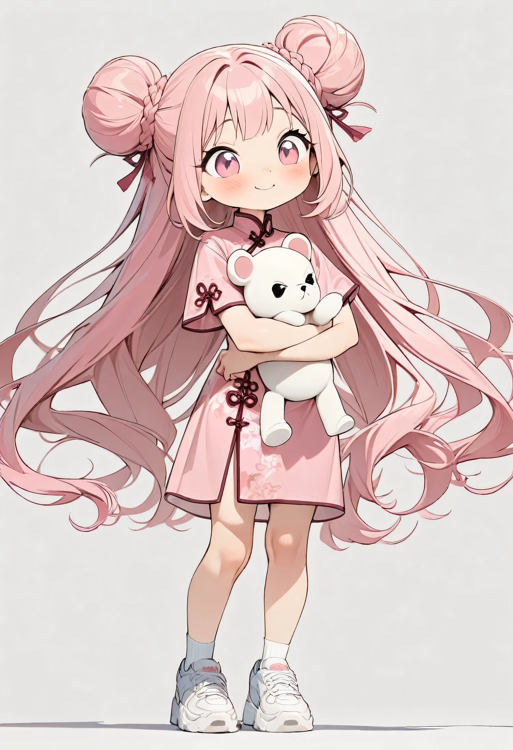 (masterpiece, Highest quality:1.2), Cartoon style character design。A girl holding a teddy bear, alone，Big eyes，Cute expression，(((Very long hair)))、Two buns hair，  (Hair Ribbon:0.4), Pink Eyes,(((White bun hair))),(((Pink long hair))),smile,China dress，White sneakers，stand，interesting，interesting，Clean Lines