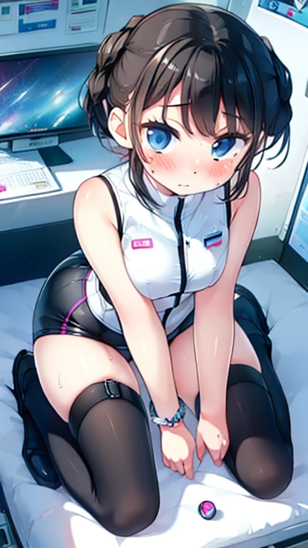 (Highest quality), (masterpiece), 1080P, High resolution, 4K, 8k, Inside the space station、Futuristic room、Thigh straps, Shooting from directly below, The woman on top of me, Nipples, 白いSweat, Covered , Sweat, Woman looking down, Skirt swimsuit, Thigh-high socks, To achieve this, , , whole body, Black leather shoes, Braided hair, Inner Color, Embarrassed face, Short black hair, bracelet, Bedroom,celestial body_Vest