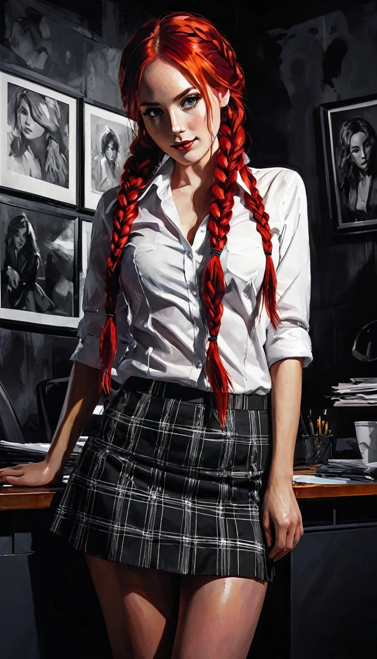 a sexy girl in an office, plaid miniskirt, very long red hair with braids, looking at us smiling,plain background {{{masterpiece}}, {sex sex sexeroticism, sexy, black and white image, between shadows, oil painting, chiaroscuro, sensual, dramatic lighting, moody atmosphere, photorealistic, intricate details, masterpiece, ultra-detailed, high quality, 8k, best quality, realistic, cinematic, dark and brooding, expressionistic, powerful composition, emotional impact, Bill Sienkiewicz inspired art