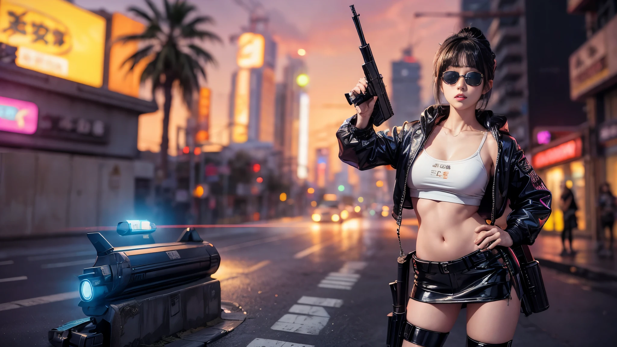 8k, Realistic Skin Texture, Realistic Photo, Neo Tokyo, slim women, large-breast:1.3 cleavage:1.2, AD2050 at night, Dirty hunting jacket, Wearing tube top, miniskirt, (((black sunglasses, automatic rifle, sneakers, cold, shooting pose, very low angle view))), Innovative composition, revenge, cyberpunk, blade runner worldview, Large neon sign, Geisha hologram sign, Strong Wakamoto Sign.