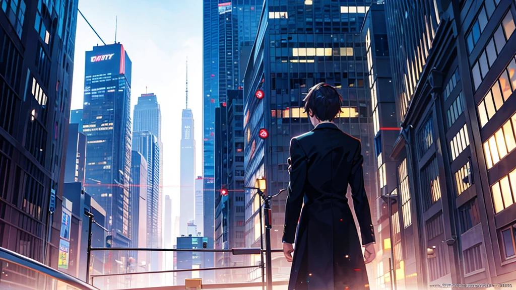 8K , best quality:2 , masterpiece , BREAK , official art , BREAK , back view ,(20 years old) , a man , from directly below , BREAK , Volumetric lighting , countless Skyscraper:1.5 , sky