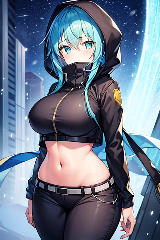1girl, blue hair, medium hair, large breasts, breasts, green eyes, scarf, covered mouth, jacket, forest, snow, black jacket, hoddie, hooded jacket, ((jacket)), hood on, hood up, zipper, gloves, glowing hair, glowing eyes, light blue hair, sky blue hair, night sky, sky, stars, pants, tall, hourglass figure, mature female, thick thighs, pants, belt, long pants