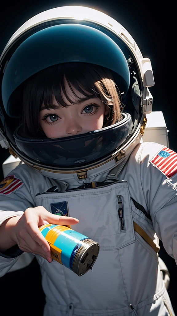 An astronaut drawing a Smile in space with a spray can. Very colorful image and black background