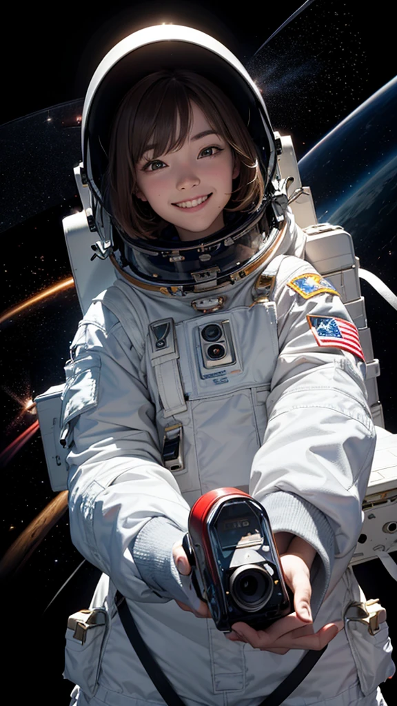 An astronaut drawing a Smile in space with a spray can. Very colorful image and black background