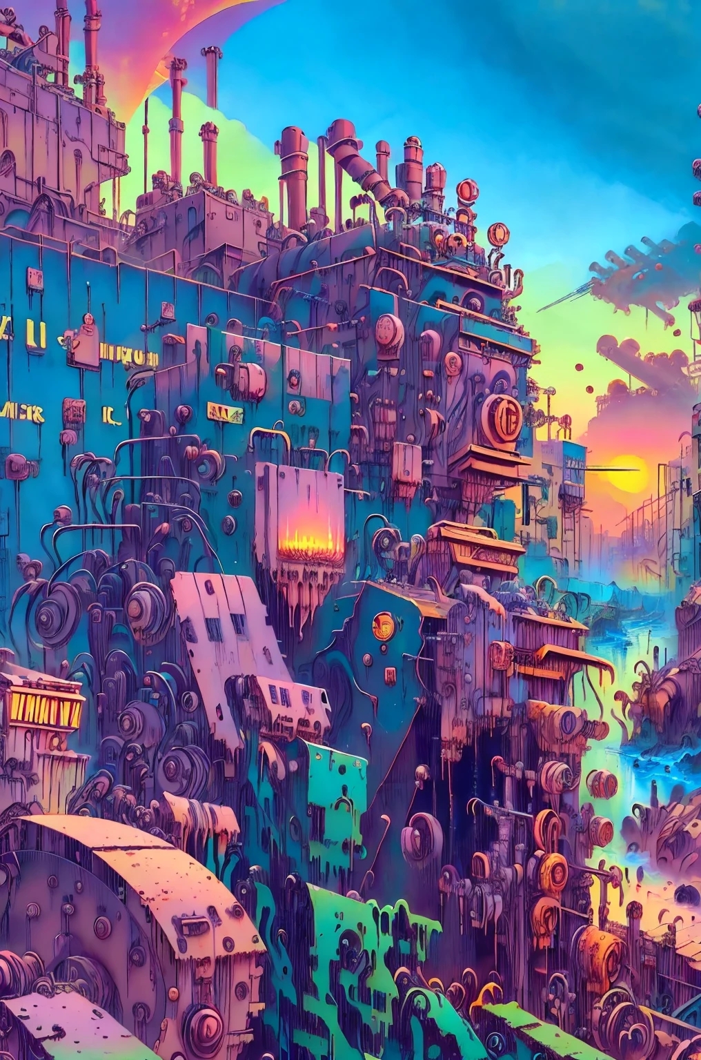 long shot: 1.3, masterpiece, ((industrial city scene with sky with sunset: 1.5)),(( machinery, metal: 1.5)), very beautiful Digital art, Digital art. very detailed and very detailed magical fantasy, colorful digital fantasy art, highly detailed Digital art, beautiful and gorgeous Digital art, very detailed digital painting, 32K