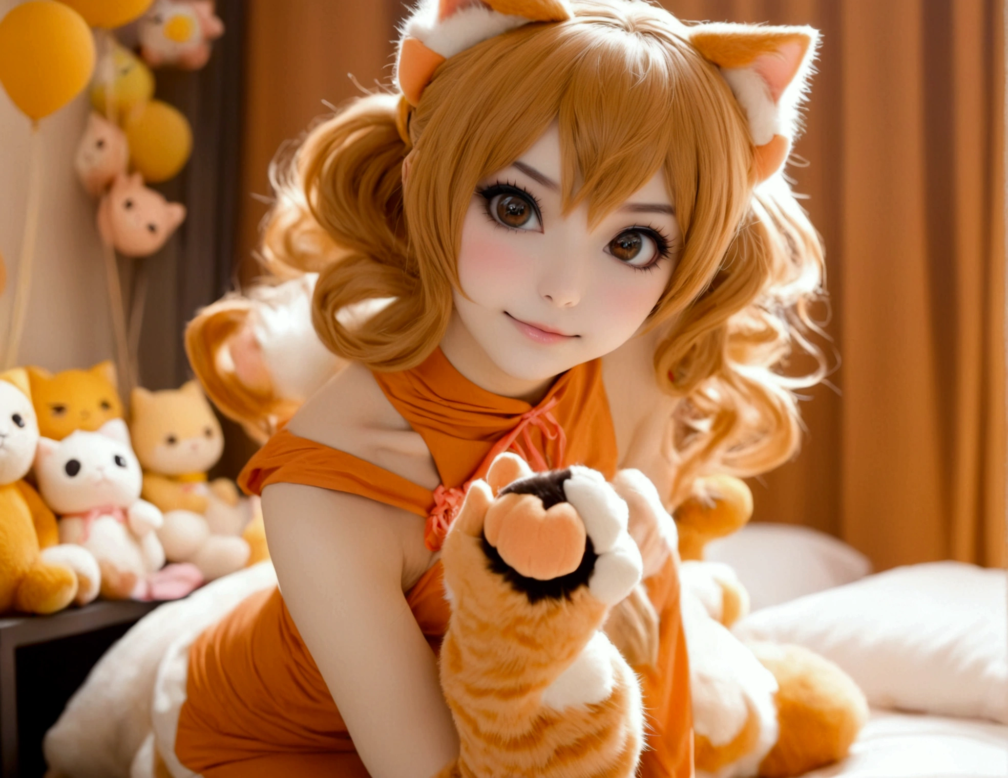 Xiaorou SeeU, age 20, in a adorable sexy cat girl cosplay, dancing and looking totally cute. Bedroom with stuffed animals
