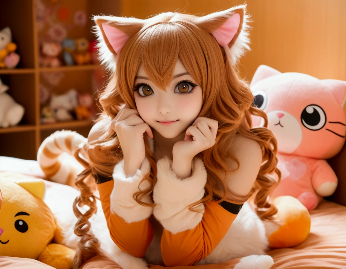 Xiaorou SeeU, age 20, in a adorable sexy cat girl cosplay, dancing and looking totally cute. Bedroom with stuffed animals
