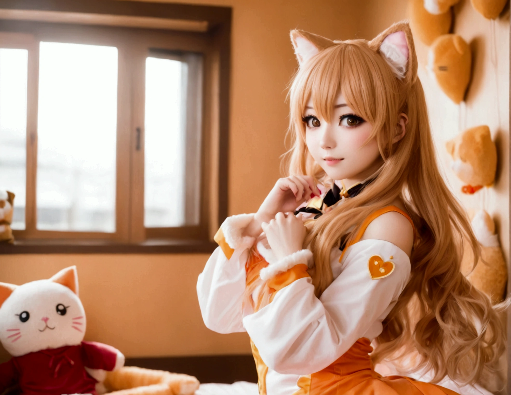 Xiaorou SeeU, age 20, in a adorable sexy cat girl cosplay, dancing and looking totally cute. Bedroom with stuffed animals
