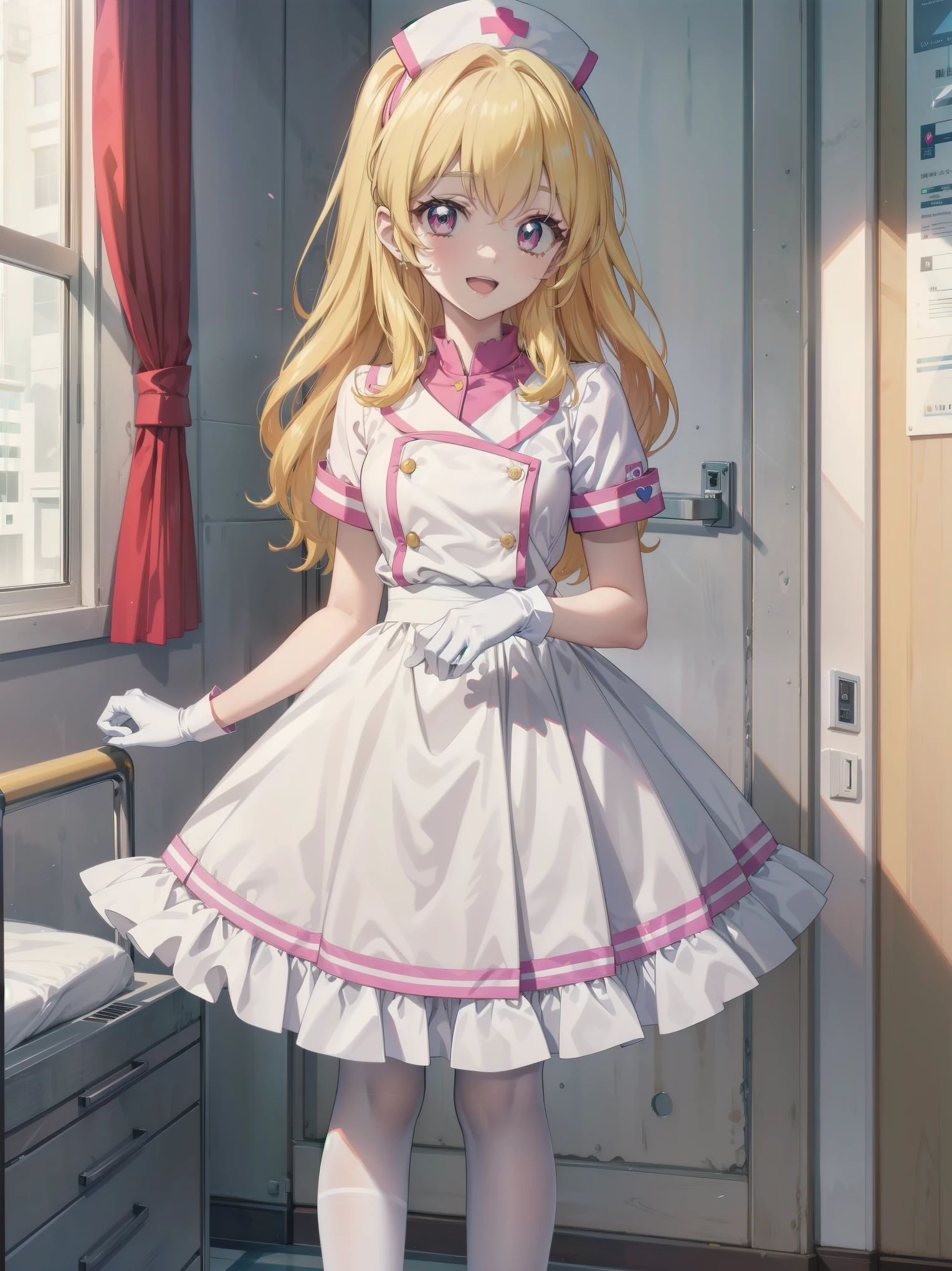 aikatsu,Blonde_HAIR,RED_HAIR_bandmasterpiece,best quality,ultra-detailed,super detailed skin,an extremely delicate and beautiful,beautiful detailed eyes,in1, side ponytail, long hair, solo, nurse, ((white nurse cap, white nurse's outfit)), ((white legwear, zettai ryouiki)), white gloves, smile, open mouth, standing, hospital room, sharp outline, short sleeves, best quality, masterpiece