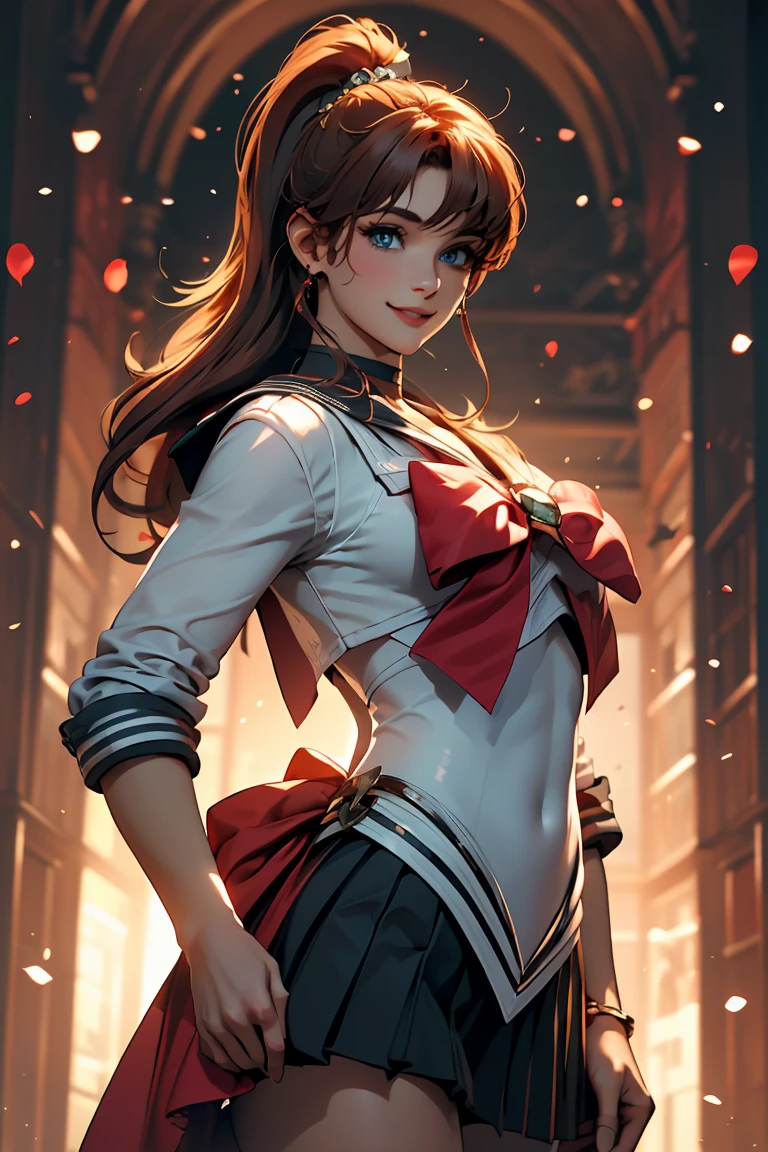 masterpiece, Highest quality, High resolution, Super detailed, smile, Woman with long red hair and bangs, Bright Blue Eyes, Beautiful girl looking at the camera, Sailor Warrior Uniforms,Front view,