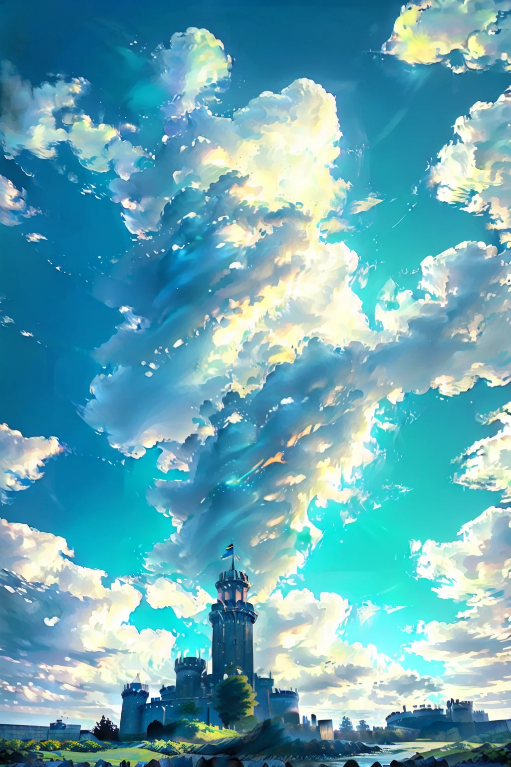 a minecraft towering medieval castle, majestic and imposing, perched atop a rugged cliff overlooking a vast, rolling countryside, sunlight glinting off its stone walls, ornate turrets and battlements, surrounded by a deep moat, with a drawbridge leading to its grand entrance, (best quality,4k,8k,highres,masterpiece:1.2),ultra-detailed,(realistic,photorealistic,photo-realistic:1.37),intricate architectural details, dramatic lighting and shadows, lush green foliage in the foreground, wispy clouds in a brilliant blue sky above