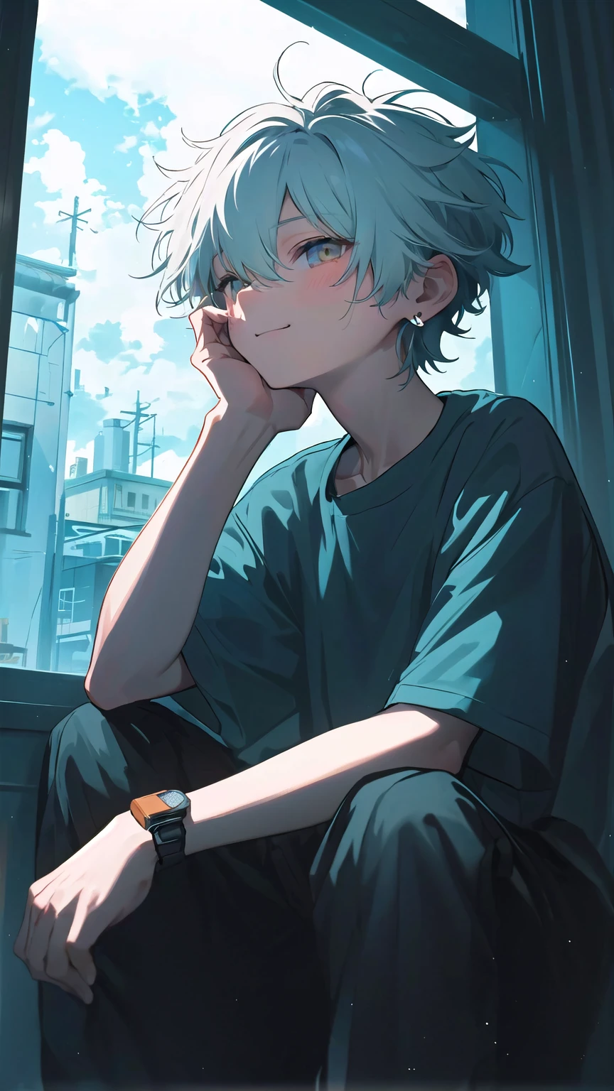 masterpiece, Highest quality, High resolution, Very detailed, Detailed Background, Cinema Lighting, One boy, Killua=Zoldyck, View your viewers, Beach, White T-shirt, boxer shorts , smile, wearing Backpack, (Backpack:1.0), travel Backpack, Are standing, whole body, Day, Day光