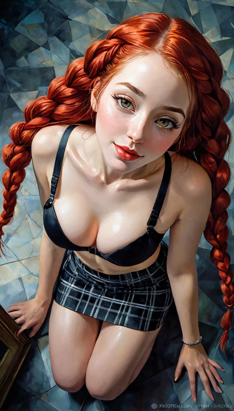 a sexy girl in an office, plaid miniskirt, bra, very long red hair with braids, looking at us smiling, plain background{{{masterpiece}}, {{on all fours}}, {{{from above }}}, looking up, ass, back, slim waist, 1 boy, veiny penis, nsfw, 1 girl, solo focus, straight, [face only], {irrumatio}, {deepthroat}, {oral}, half closed {{sweat}},, {cum in mouth}, emotional impact, (best quality, 4k, 8k, high resolution, masterpiece: 1.2), ultra detailed, (realistic, photorealistic, photorealistic : 1.37), intricate details, vivid colors, sharp focus, professional, Dave McKean artwork, surrealism oil touch, oil painting style, portrait, woman, beautiful detailed eyes, beautiful detailed lips, dreamlike atmosphere, shadow play, soft lighting, playful pose, dark tones, ethereal background, fantasy elements, texture, layers composition.
